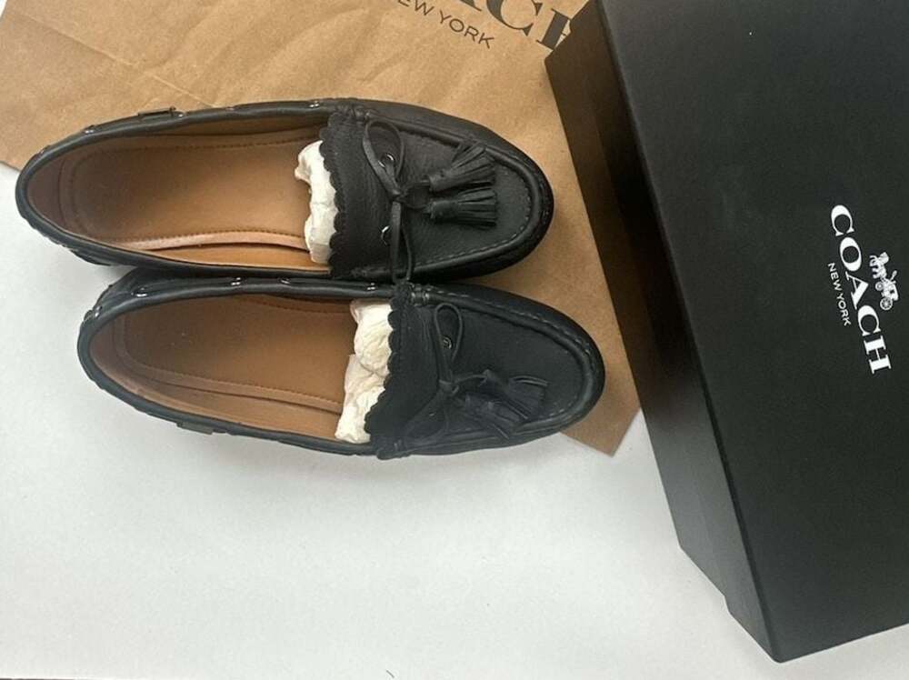 COACH Olympia Tassel Pebbled Leather Driving Loafers in Midnight Navy - Picture 3 of 5